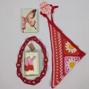 Pink Linen Earrings, Necklace and Bandana